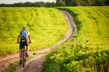 Cyclist Riding the Bike on the Beautiful Spring Mountain Trail	
