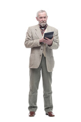 elderly business man with a calculator. isolated on a white