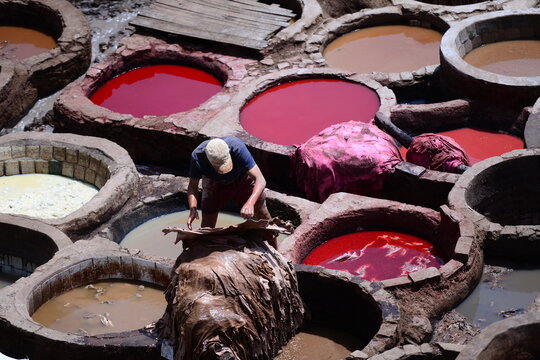 Men working leather in fez tannery in morocco