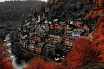 small town on the hill near the river. Generative AI image.