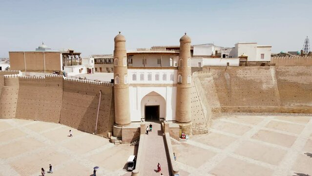 Bukhara, Uzbekistan aerial panoramic view of The Ark of Bukhara. The Ark citadel is an ancient massive fortress located in Bukhara city