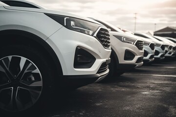 Fototapeta na wymiar White SUV fleet parked in lot, closeup on front. Transportation/Logistics industry. Generative AI