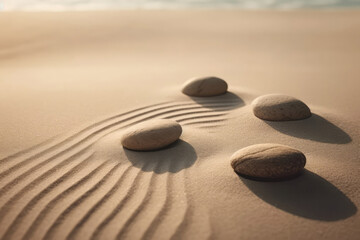 Fototapeta na wymiar Zen Stones Standing On White Sand. Generative AI
