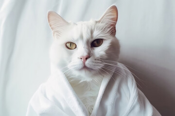 Cat In White Bathrobe Lying On His Back At The Spa, View From Above. Generative AI