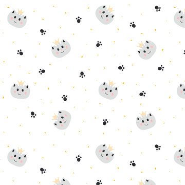 Seamless pattern with muzzles of cats with crown on the head, cats, cat pattern and paw prints