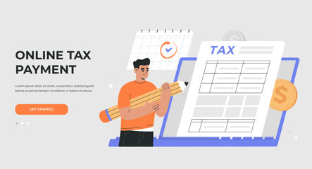Online tax payment concept. Calculation and filling of tax return. Financial report. Calendar reminder. Landing page template. Vector illustration, isolated on light background, flat cartoon style