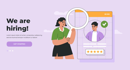 Hiring agency, human resource management. Selection of best candidate for Job. Landing page template. Hand drawn vector illustration isolated on purple background, flat cartoon style