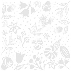 Flowers seamless pattern. White silhouettes flowers, leafs, branches