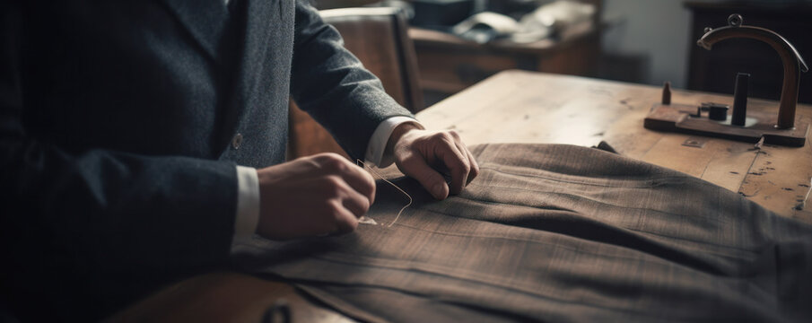 A men's tailor, working on a suit or slacks. Well dressed gentleman, of a custom tailored suit shop. bespoke formal clothing. incoming window light. hand edited Generative AI. 