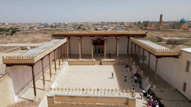Bukhara, Uzbekistan aerial panoramic view of The Ark of Bukhara. The Ark citadel is an ancient massive fortress located in Bukhara city