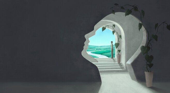 psychology, wat, escape and mental health concept art. surreal painting. Conceptual artwork.