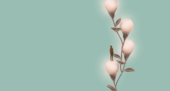 Concept idea of light bulb creative imagination and thinking, surreal conceptual art, 3d illustration, painting artwork, graphic design