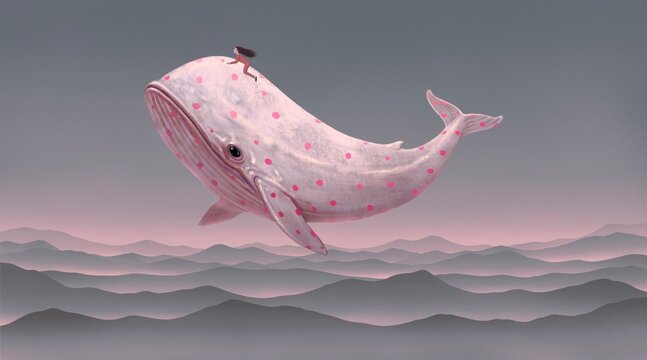 A woman riding a whale in the sky. surreal art of dream and inspiration. animal concept.