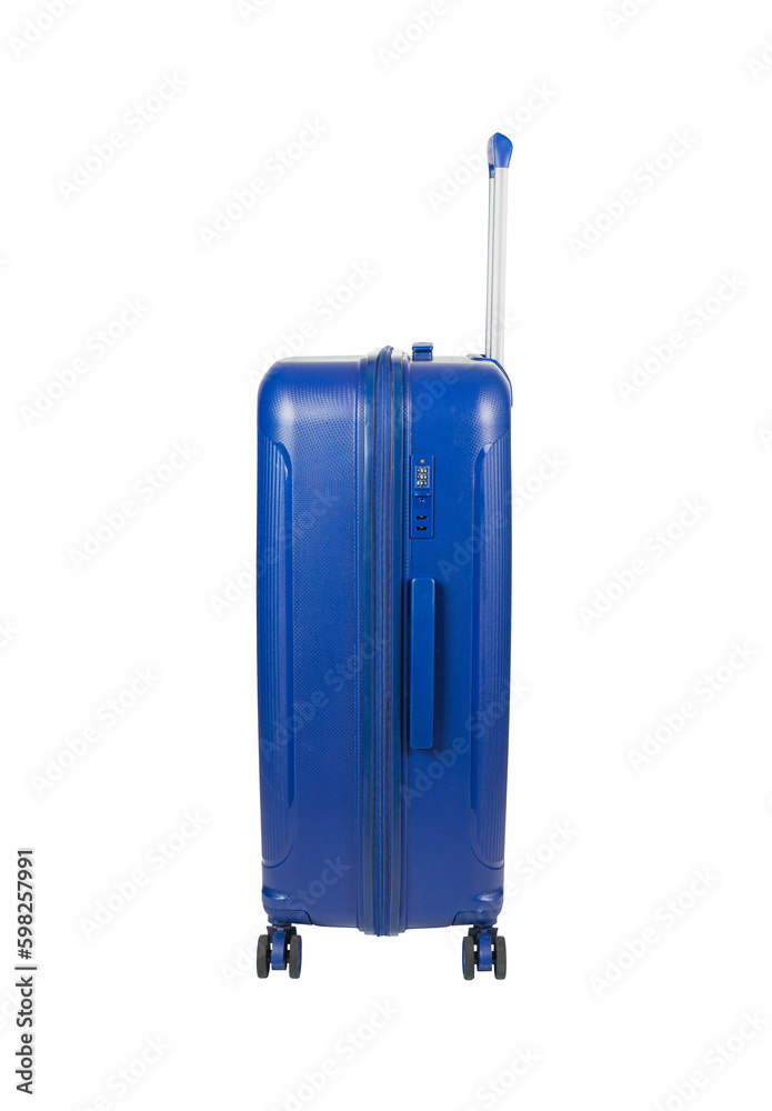 Wall mural blue plastic trolley travel case with metal handle isolated on white background