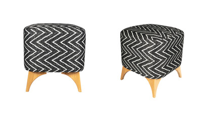 Two views of Comfortable design Padded Foot Stool Fabric Pouf with wooden legs isolated on white background