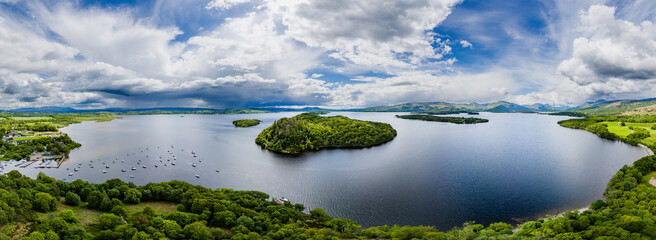 Panoramic aerial view of islands on Loch Lomond in Scotland