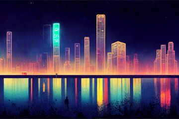 Naklejka premium Night city background, neon lights of the metropolis, digital art, noir, colorful comic. Generative AI