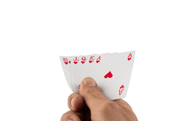hand holding straight flush royal poker cards isolated