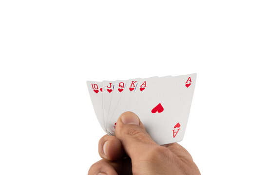 hand holding straight flush royal poker cards isolated