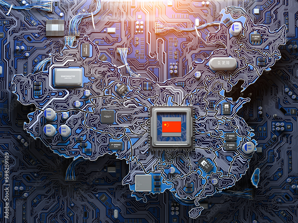Poster China semiconductor industry, computer chips manufacturing  and artificial intelligence concept. Motherboard with CPU processor in form of map of China