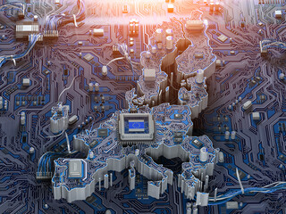 EU semiconductor industry, computer chips manufacturing  and artificial intelligenceconcept. Motherboard with CPU processor in form of map of European Union. - obrazy, fototapety, plakaty