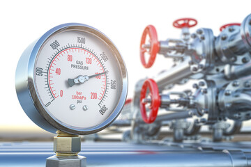 Gas pression gauge meters on gas pipeline. Gas extraction, production, delivery and supply concept. - obrazy, fototapety, plakaty