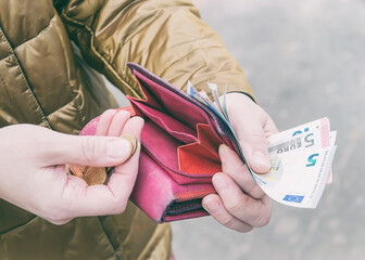 Pink purse, banknotes and coins in female hands, selective focus.