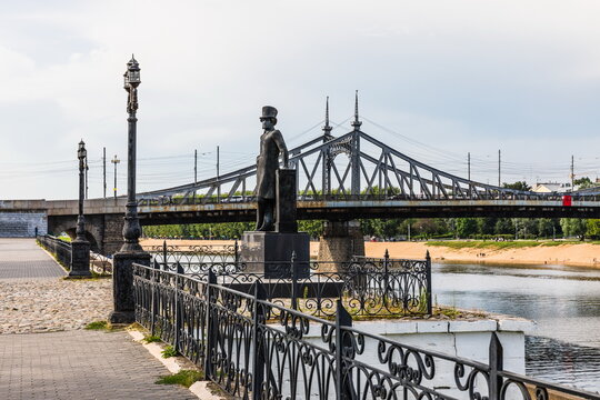 Tver, Russia - August 23, 2022: Monument to the poet Pushkin on the Volga embankment