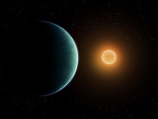 Sunrise over Earth-like planet. Exoplanet orbiting it's sun. Planet and star in deep space.