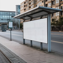 Vertical empty white billboard at a bus stop on a city street. In the background are buildings and a road.