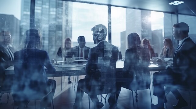 Double exposure image of many business people conference group meeting on city office building in background showing partnership success of business deal. Concept of teamwork, Generative AI