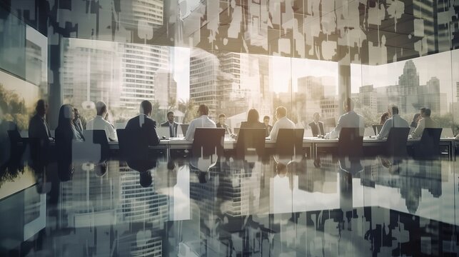 Double exposure image of many business people conference group meeting on city office building in background showing partnership success of business deal. Concept of teamwork, Generative AI