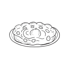 Realistic tasty national pie tart with cheese, olive, tomato, berries in black isolated on white background. Hand drawn vector sketch illustration in doodle engraved vintage outline line art style.