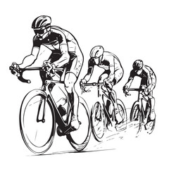 Obraz premium Cyclists compete in professional clothing and gear. Isolated on white background. Black in color. Picture drawn on a single line art.