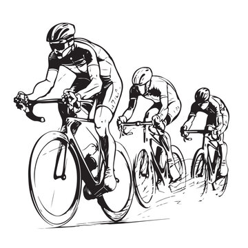 
Cyclists compete in professional clothing and gear. 
Isolated on white background. Black in color. Picture drawn on a single line art.