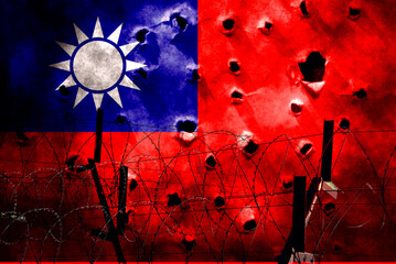 Combination of Taiwan flag and barbed wire fence. Describe Taiwan as being on the brink of war. Homeland is threatened. China invades Taiwan. Basemap and background concept. Double exposure hologram.