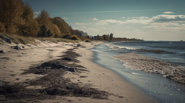 Baltic sea beach with sea grass and shallow waves