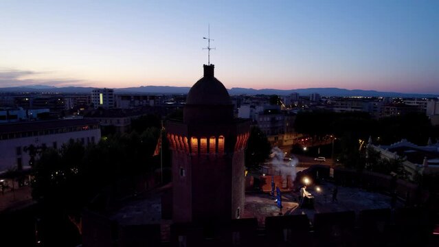 Castillet Monument at Sunset with DJ Mix on the Rooftop and Drone View in Perpignan, Catalonia