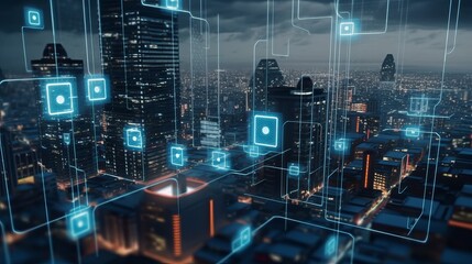 Futuristic smart city with 5g global network technology, city in the night, city skyline at night, modern city skyline, Generative AI