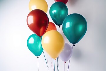 Bunch of bright and colorful balloons on white background, space for text. AI generative illustration
