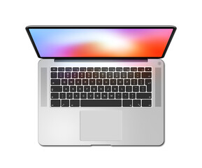 Open laptop top view with colorful screen, isolated on transparent background. 3D render