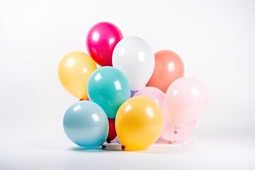 Fototapeta na wymiar Bunch of bright and colorful balloons on white background, space for text. AI generative illustration