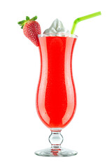 Blended Frozen Strawberry Daiquiri Cocktail with Whipped Cream and Straw Isolated on White Background