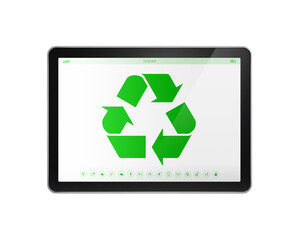 Digital tablet PC with a recycle symbol on screen. environmental conservation concept