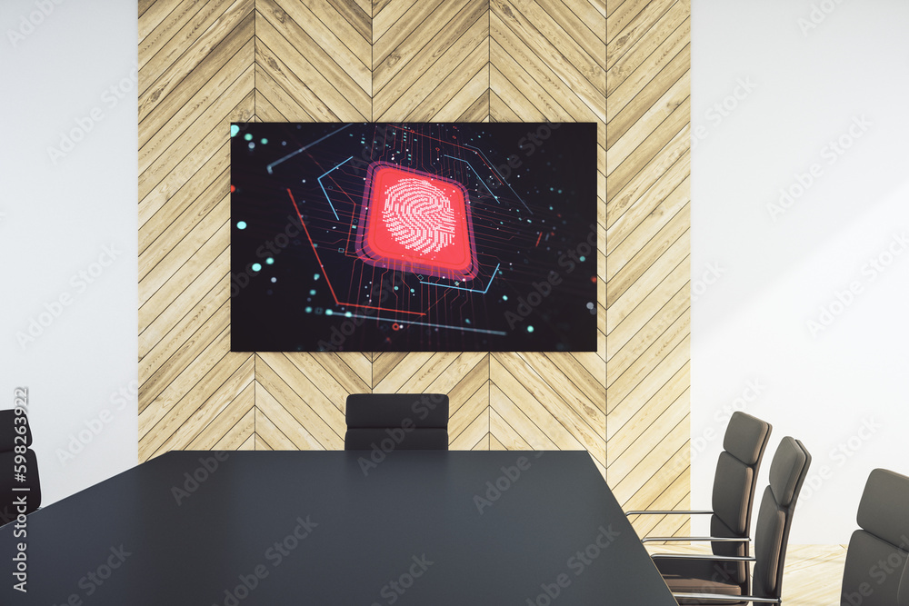 Poster Abstract creative fingerprint hologram on presentation tv screen in a modern meeting room, research and development concept. 3D Rendering
