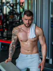 Fototapeta premium Man exercising with dumbbell. Male bodybuilder doing weight lifting workout at gym. Training with barbell. Muscled man strong muscular fit man workout with heavy weight. Exercises for muscular body.