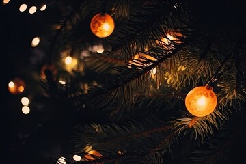 festive pine tree adorned with warm, twinkling lights up close. Generative AI Generative AI