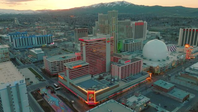 The Row of casinos in Reno Nevada at sunset