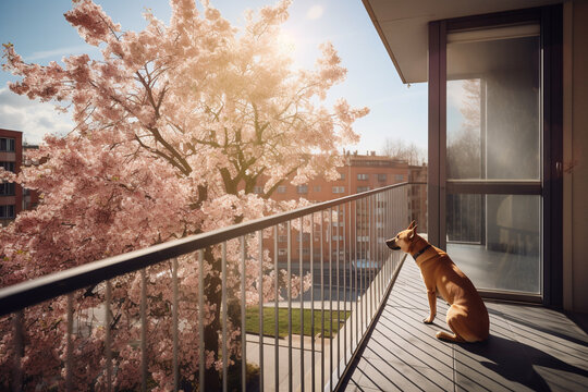 Bored pet dog looking out from balcony of high rise home apartment with morning sun rays, Created with Generative AI technology.