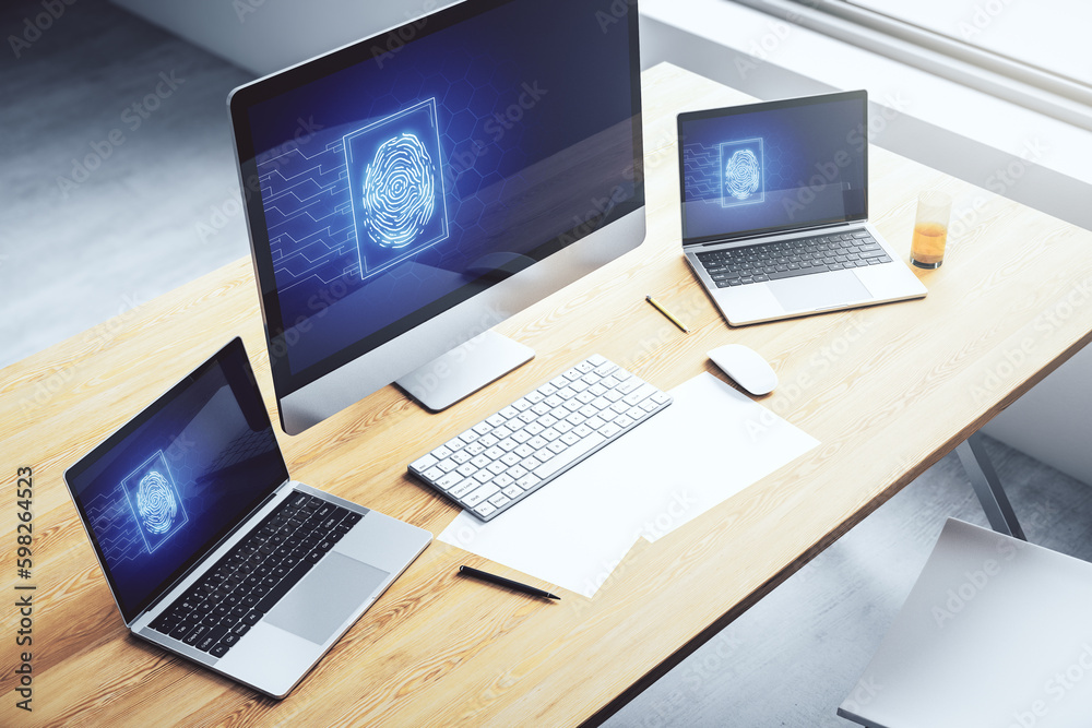 Poster abstract creative fingerprint illustration on modern laptop monitor, digital access concept. 3d rend